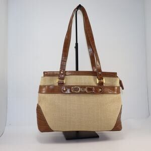 Etienne Aigner Woven Straw & Croc Embossed Tote
